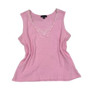 Y2K 2000s Pink‎ Butterfly Sleeveless Top with Lace Trim Size S Fairy Coquette